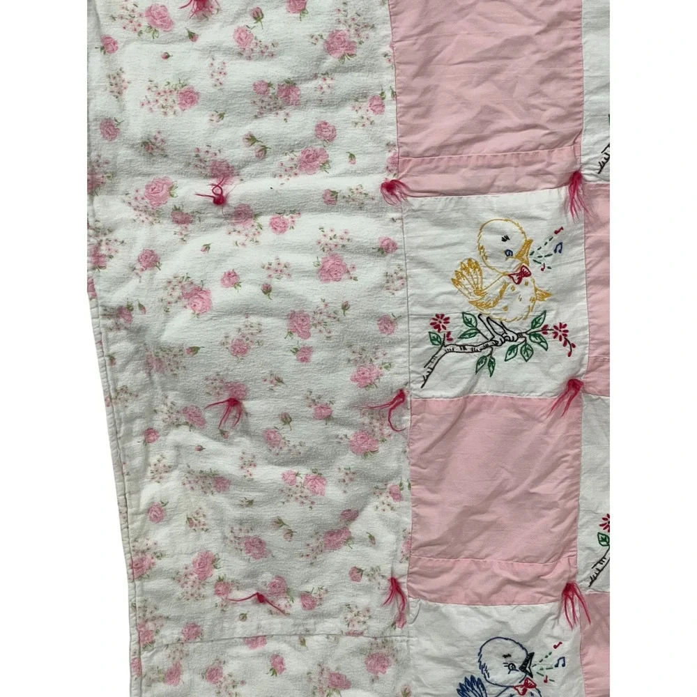 Vintage‎ Baby Quilt Pink Floral Embroidered Song Birds Cottagecore Nursery 32x43